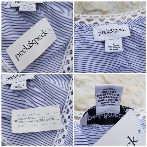 Pinstripe Crochet Inset Top Blue White Stripe Size S VNeck Peck & Peck NWT - Picture 4 of 8